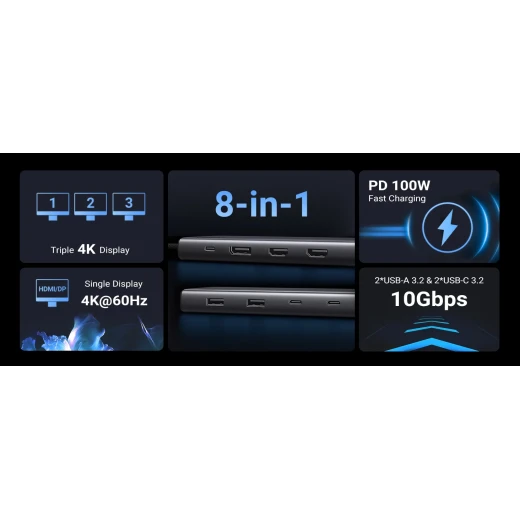 محطة إرساء يو جرين 8 في 1 بمنفذ USB-C شاشة مزدوجة 4K HDMI, DisplayPort, USB 3.2 - يوجرين - Image 3